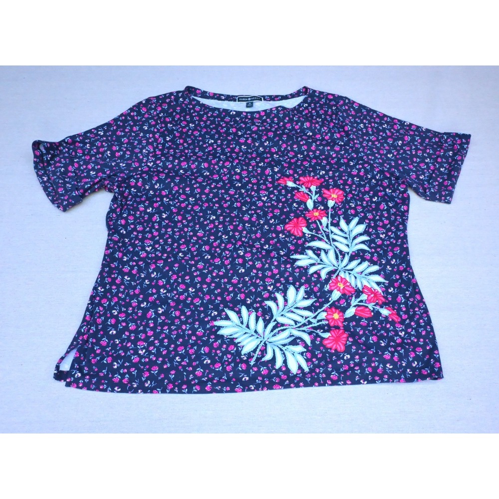Karen Scott Womens 3X Cotton Blend Tee Navy Floral Raised Print Cuffed Sleeves